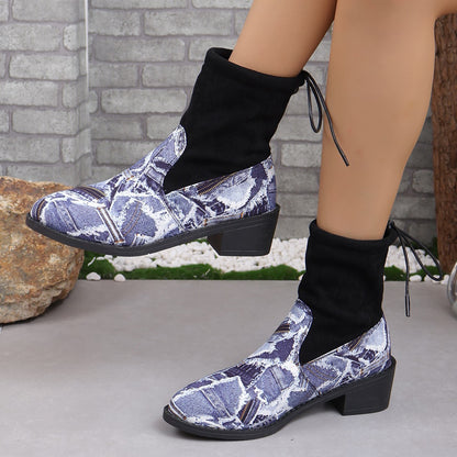 Serpentine Print Sock Boots Women Fashion Square Chunky Heels Cowboy Boots Autumn And Winter Back Lace-up Round Toe Shoes