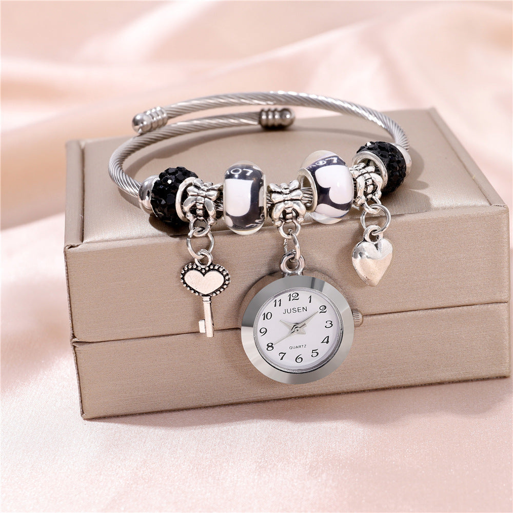 Women Bangle Watch Love Heart Key Pendant Quartz Women Bangle Watch