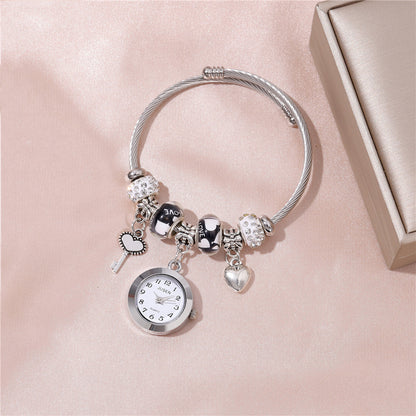 Women Bangle Watch Love Heart Key Pendant Quartz Women Bangle Watch