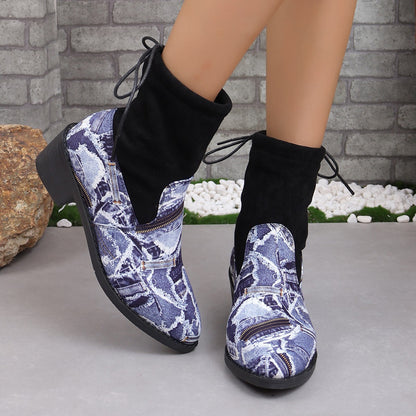 Serpentine Print Sock Boots Women Fashion Square Chunky Heels Cowboy Boots Autumn And Winter Back Lace-up Round Toe Shoes