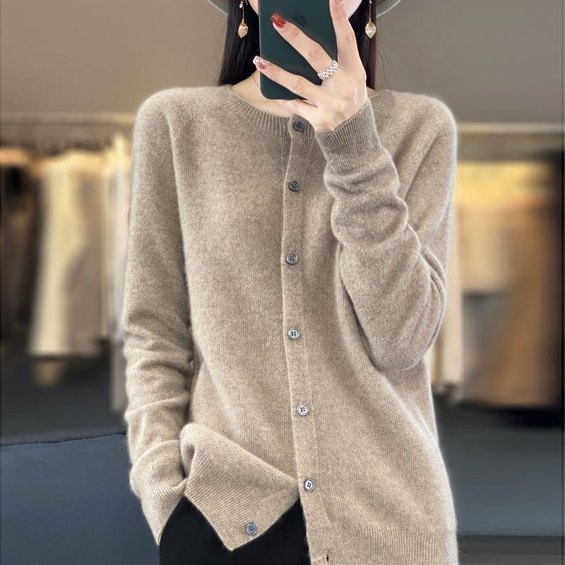 Fashion Merino Wool Cardigan Sweater Women O-Neck Long-sleeve Cashmere Knitwear Spring Autumn Female Clothing Tops