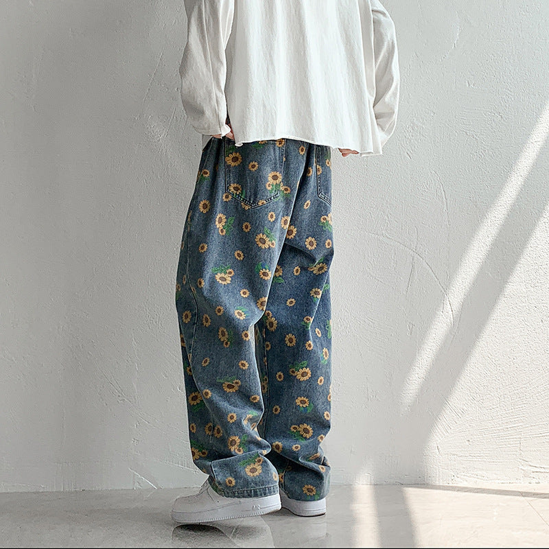 Small Daisy Flower Printed Pants Jeans Men