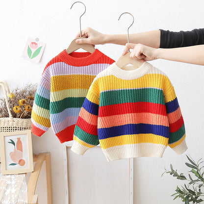 Baby Loose And Idle Tops Girls' Striped Knitted Pullover