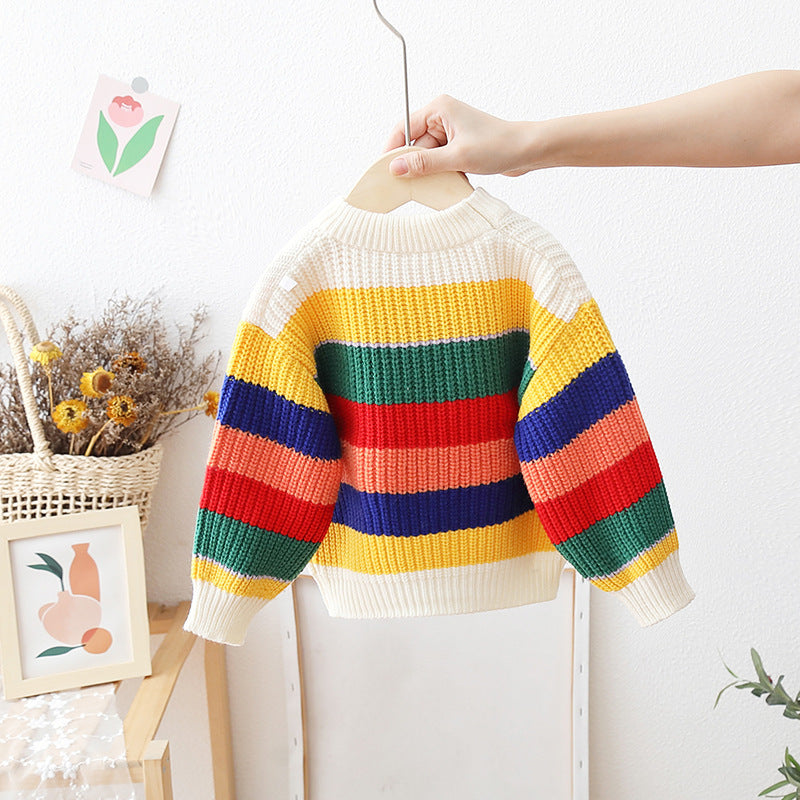 Baby Loose And Idle Tops Girls' Striped Knitted Pullover