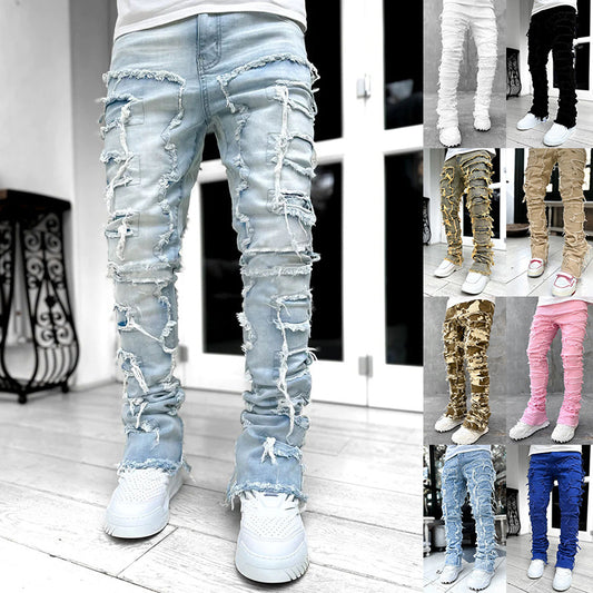 Men Trousers Individual Patched Pants Long Tight Fit Stacked Jeans For Mens Clothing