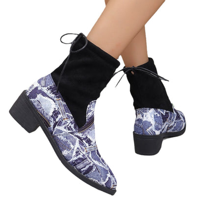 Serpentine Print Sock Boots Women Fashion Square Chunky Heels Cowboy Boots Autumn And Winter Back Lace-up Round Toe Shoes