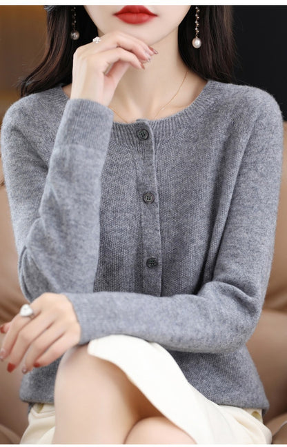 Fashion Merino Wool Cardigan Sweater Women O-Neck Long-sleeve Cashmere Knitwear Spring Autumn Female Clothing Tops