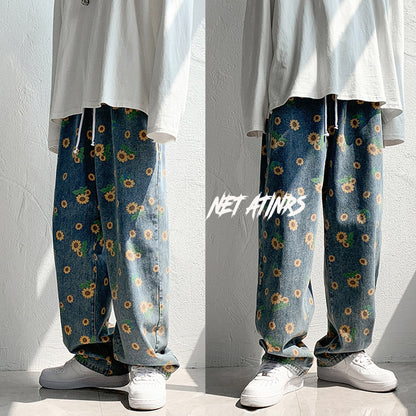 Small Daisy Flower Printed Pants Jeans Men